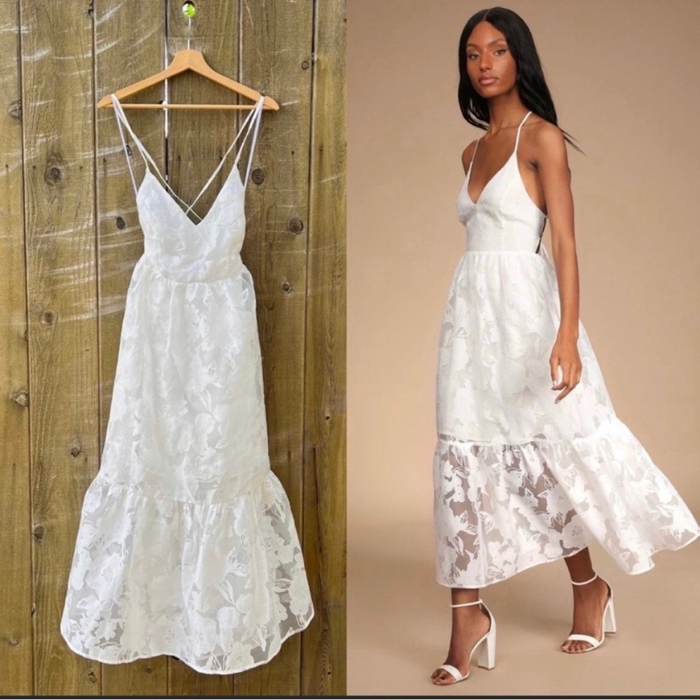 White Jacquard Organza Backless Lace-Up Midi Dress 🌿